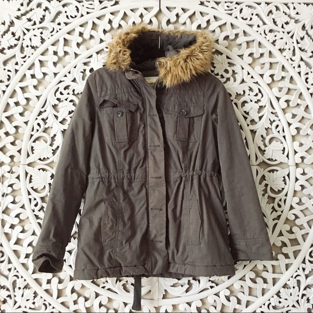 Gray parka with faux fur hood